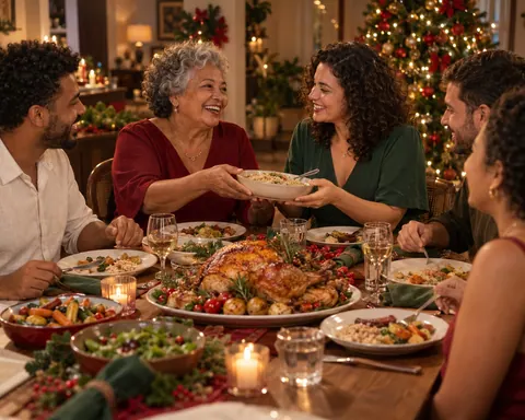 Família reunida à mesa na noite de Natal, compartilhando a ceia entre sorrisos e luzes quentes